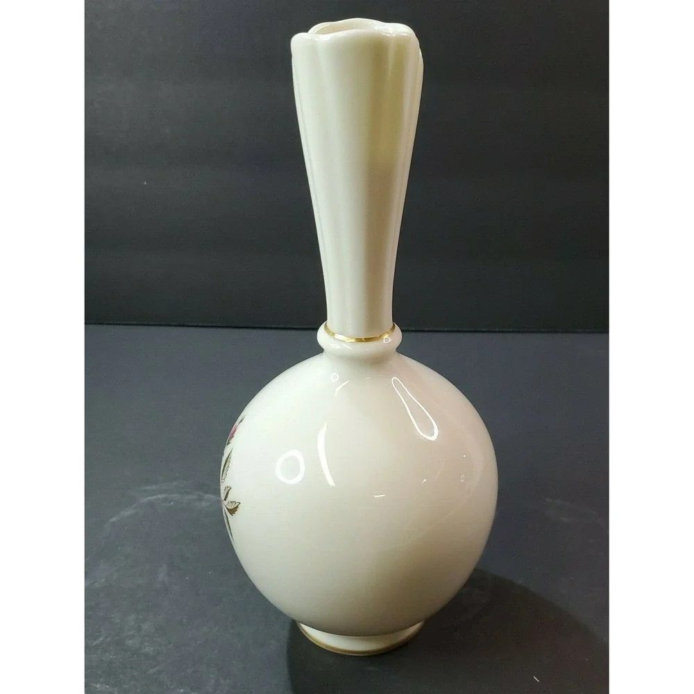 Vintage LENOX Bud Vase RHODORA Pattern Cream w/ Rose & Gold Trim 8